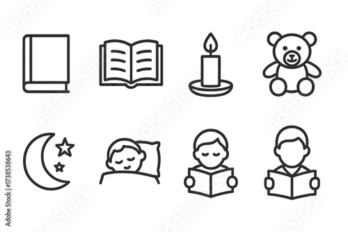 Bedtime Story Icons. Outline icon set of bedtime stories: book, open book, candle, teddy bear, moon, stars, child sleeping, storyteller. Line icons in only
