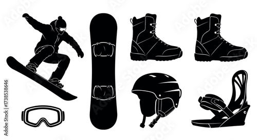 Collection of black silhouettes of snowboarding equipment and gear winter sport