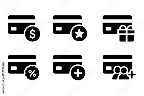 Credit Card Rewards Icons. Solid, filled icon set of credit card rewards: cashback, points, travel miles, gift cards, discounts, bonus offers, loyalty program,