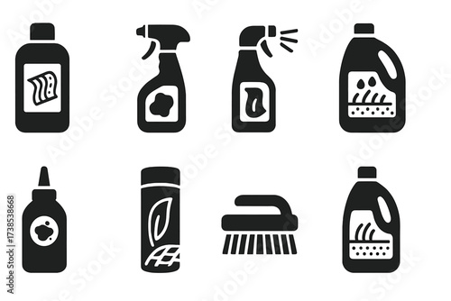 Carpet Care Icon Set. Solid, filled icon set of carpet care products: carpet deodorizer, stain remover, carpet protector spray, carpet cleaner solution, spot