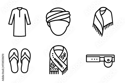 Yemeni Clothing Icons. Outline icon set of Yemeni traditional clothing: Thobe robe, Turban, Agal headband, Shawl, Sandals, Beaded necklace, Embroidered scarf,