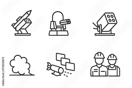 Aircraft Carrier Defense Icons. Outline icon set of aircraft carrier defense systems: missile launcher, CIWS gun, electronic warfare pod, chaff dispenser,