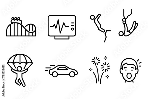Thrill Icon Set. Outline icon set of thrill: roller coaster, heart rate monitor, cliff diving, bungee jumping, skydiving, fast car, fireworks, adrenaline rush.