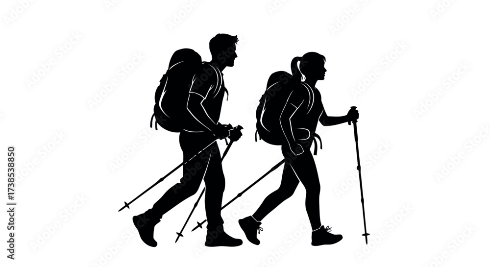 Obraz premium Male and female hikers with backpacks and trekking poles walking on white background hiking backpackers