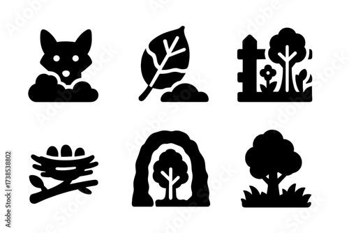 Hidden Nature Icons. Solid, filled icon set of hidden nature: hidden animal, camouflaged leaf, burrow, secret garden, nest, hidden cave, shadowed tree,