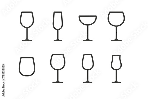 Wine Glass Icons. Outline icon set of wine glass styles: tulip glass, flute glass, coupe glass, balloon glass, stemless glass, red wine glass, white wine