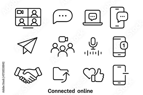 Online Communication Icons. Connected online. Line icon set of connected online: video conference, texting bubble, laptop chat, smartphone messaging, sending