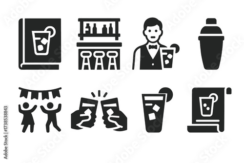 Vintage Cocktail Icons. Solid, filled icon set of highball cocktail history and culture: vintage cocktail book, old bar, classic bartender, retro shaker,