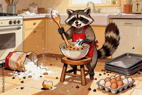 Cartoon raccoon wearing a red apron happily baking cookies in a messy kitchen, stirring dough in a large bowl with flour, eggs, and chocolate chips scattered around