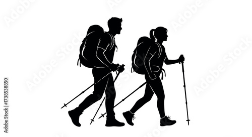 Male and female hikers with backpacks and trekking poles walking on white background hiking backpackers