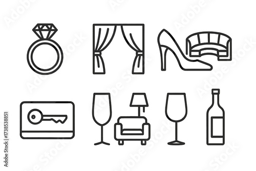 VIP Luxury Icons. Outline icon set of VIP room luxury: diamond ring, high heel, silk curtain, private booth, crystal glass, exclusive keycard, lounge area,
