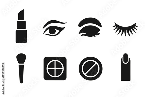 Elegant Makeup Icons. Solid, filled icon set of elegant makeup: red lipstick, winged eyeliner, smoky eyes, false lashes, highlighter, blush, contour, polished