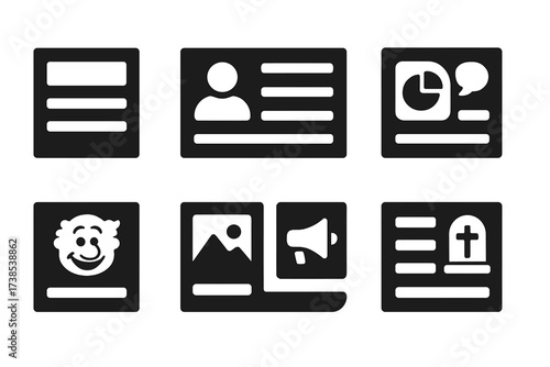 Newspaper Content Icons. Solid, filled icon set of newspaper content: headline, byline, photograph, infographic, editorial, cartoon, advertisement, obituary.