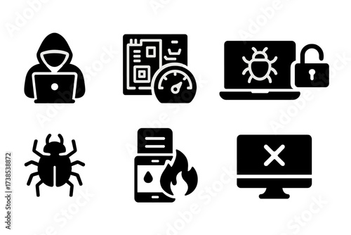 Reckless Tech Icon Set. Solid, filled icon set of reckless technology use: hacking, overclocking, malware, unsecured wifi, virus, data leak, firewall breach,