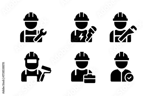 Repair Technician Icons. Solid, filled icon set of repair technicians: mechanic, electrician, plumber, carpenter, welder, painter, technician with toolbox,