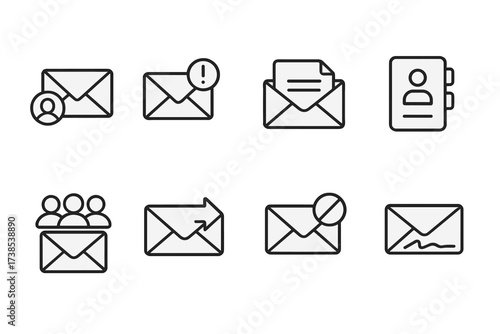 Tech Icon Grid. Outline icon set of email alert senders and recipients: email sender, email recipient, contact list, group email, email forwarding, email