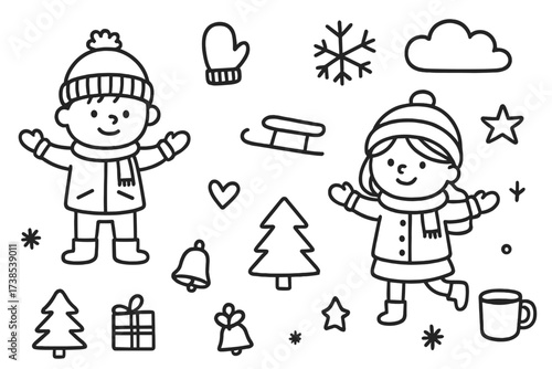 Winter Doodle Icons. Hand-drawn doodle illustration Children wearing mittens and hats mitten, wool hat, scarf, jacket, boots, snowflake, sled, snowman, star,