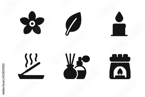 Herbal Scent Icons. Solid, filled icon set of herbal scent elements: flower, leaf, drop of oil, candle, incense stick, diffuser, perfume bottle, wax melt.