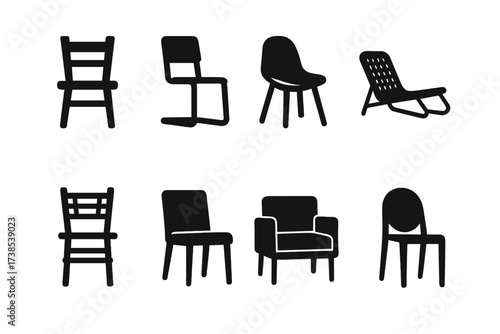 Chair Icons Grid. Solid, filled icon set of material-based chairs: wood chair, metal frame chair, plastic seat, rattan lounge chair, bamboo chair, upholstered