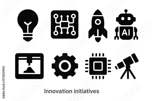 Innovation Icons Grid. Solid, filled icon set of innovation initiatives: lightbulb, circuit board, rocket, AI robot, 3D printer, gear, microchip, telescope.