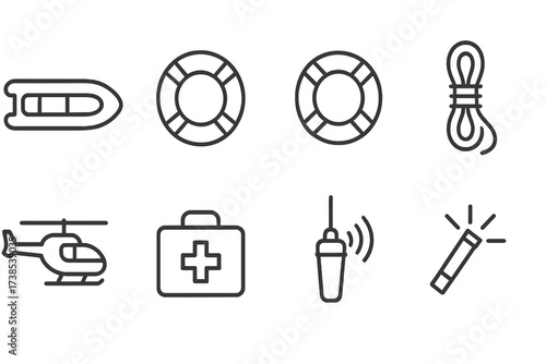 Water Rescue Icons. Outline icon set of water rescue equipment: rescue boat, life ring, lifebuoy, throw rope, rescue helicopter, first aid kit, radio beacon,