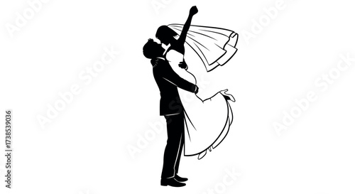 Silhouette of a Groom Lifting a Bride in a Joyful Pose Keywords: wedding, couple, silhouette, bride, groom, romance, love, embrace, lifting, dancing, celebration, marriage, happy, joy, romantic