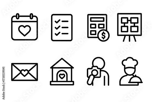 Wedding Planning Icons. Outline icon set of wedding planning: calendar, checklist, budget, seating chart, invitation envelope, venue, photographer, caterer.