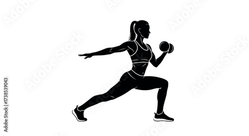 Silhouette of a fit woman performing a lunge with a dumbbell on a white background fitness exercise