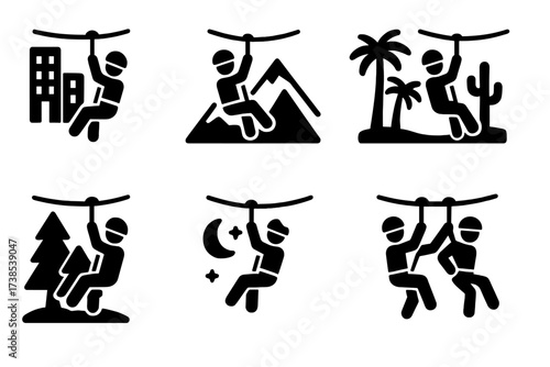 Zip Line Icons Grid. Solid, filled icon set of zip line variations: urban zip line, mountain zip line, jungle zip line, desert zip line, snow zip line, canopy