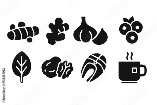 Anti-Inflammatory Food Icons. Solid, filled icon set of anti-inflammatory foods: turmeric root, ginger, garlic, blueberries, spinach, walnuts, salmon, green