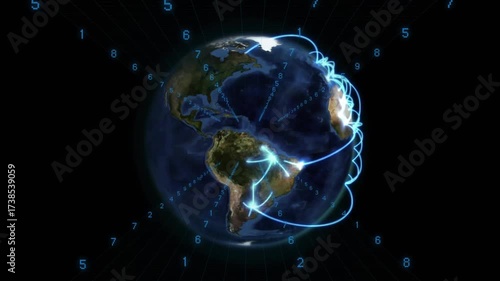 Opening on rotating 3D Earth globe over Africa arcs radiating digits pulsing showing global links