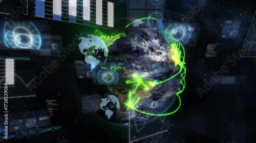 Starfield initiating floating 3D globe arcs pulsing and sliding panels visualizing network