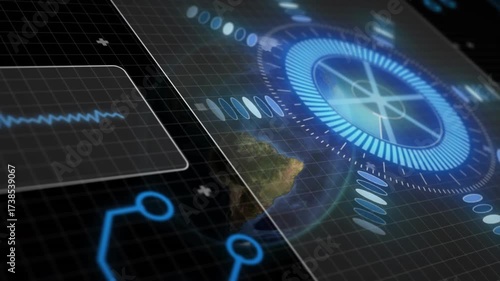 Grid starting waveform panel UI focusing and turning globe rotating HUD rings pulsing visualization