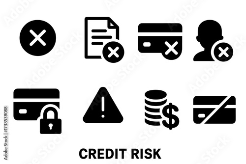Credit Risk Icons. Solid, filled icon set of credit risk: red cross mark, overdue document, payment failure, denied credit, locked access, warning sign, debt