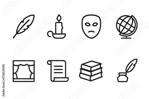 Literature Symbols Icon Set. Outline icon set of famous literature symbols: feather, candle, mask, globe, theater stage, scroll, book stack, quill and ink.