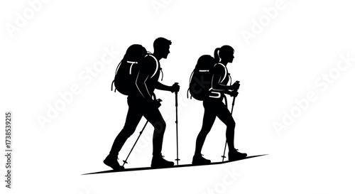 Silhouette of a man and a woman hiking with backpacks and trekking poles on a white background couple