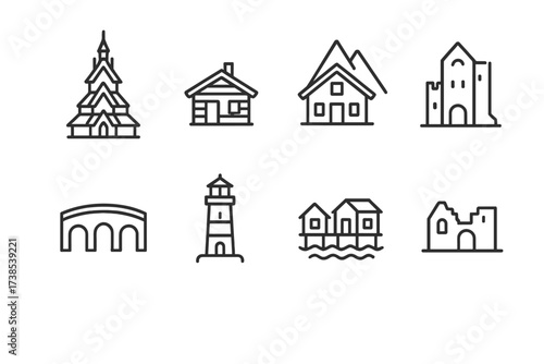 Norwegian Architecture Icons. Outline icon set of Norwegian architecture: stave church, wooden cabin, modern opera house, mountain lodge, bridge, lighthouse,