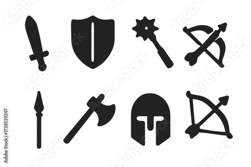 Medieval Weapons Icons. Solid, filled icon set of medieval weapons: sword, shield, mace, crossbow, spear, battle axe, helmet, bow and arrow. Solid, filled