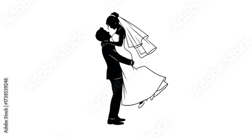 Silhouette of a groom lifting a bride in his arms on their wedding day couple