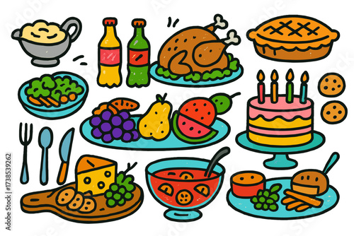Festive Feast Illustrations. Celebration meal. Colorful Hand-drawn doodle Children illustration roasted chicken, mashed potatoes, gravy boat, vegetables, pie,