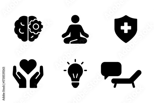 Mental Health Icons. Solid, filled icon set of mental recovery: brain with gear, meditation pose, rising heart, shield with plus, hands holding heart, light