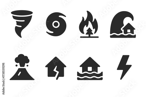 Natural Disaster Icons. Solid, filled icon set of natural disaster crisis: tornado, hurricane, wildfire, tsunami, volcano, earthquake, flood, lightning bolt.
