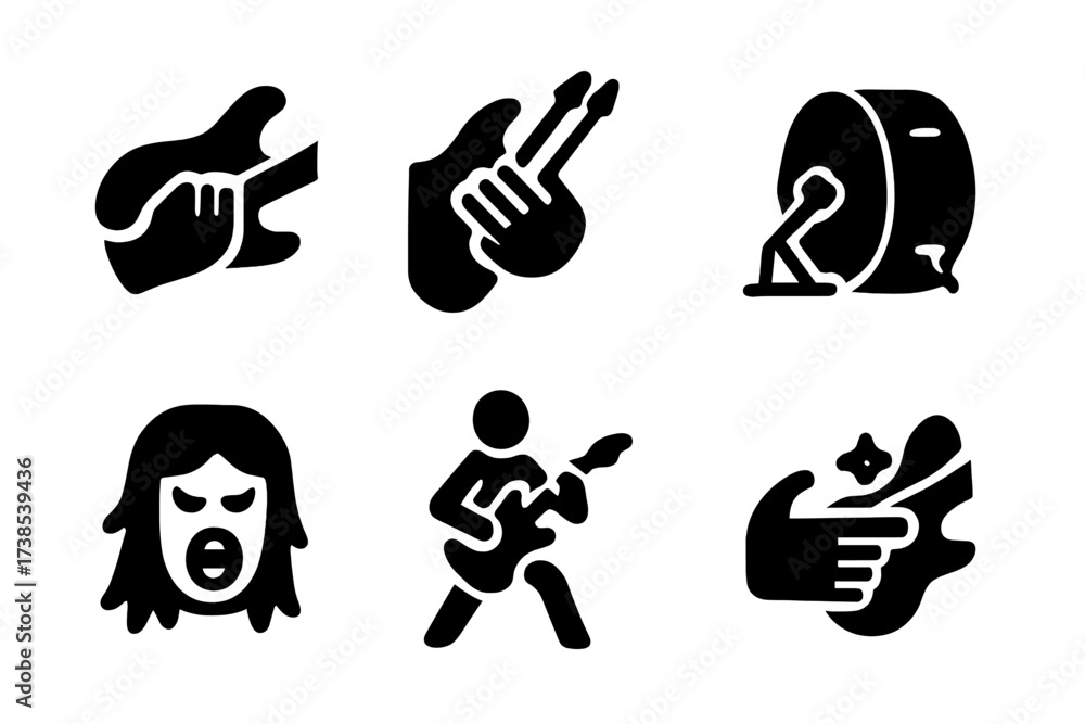 Fototapeta premium Metal Music Icons. Solid, filled icon set of metal music techniques: palm muting, tremolo picking, blast beat, growling, shredding, power chords, harmonics,