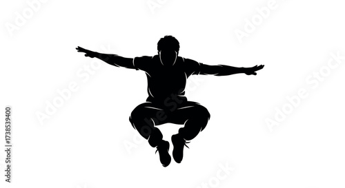 Silhouette of a Man Mid- Jump with Arms Outstretched on White Background male black and white