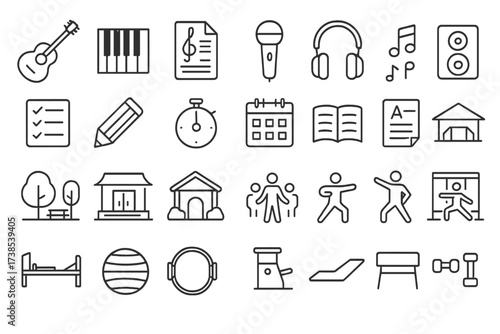 Outline Practice Icons. Outline icon set of music practice: guitar, piano keys, metronome, sheet music, microphone, headphones, music notes, speaker. Line