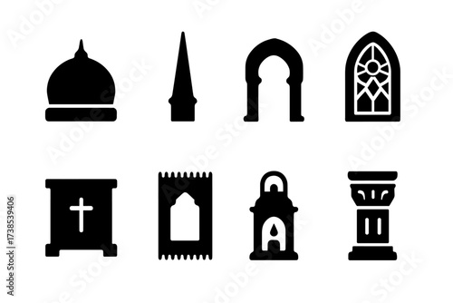 Sacred Architecture Icons. Solid, filled icon set of sacred architecture elements: dome, spire, archway, stained glass window, altar table, prayer mat,