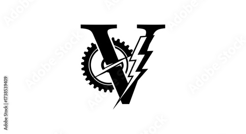 Stylized Letter V Logo Featuring Gear and Lightning Bolt Symbolizing Velocity and Power