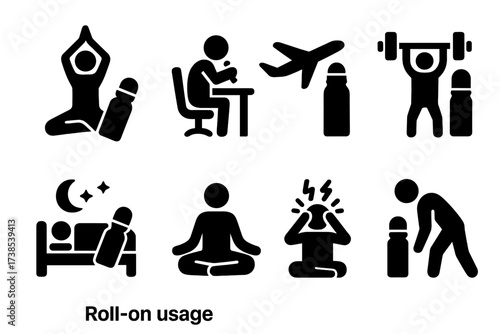 Roll-On Use Icons. Solid, filled icon set of roll-on usage scenarios: yoga, office, travel, gym, sleep time, meditation, headache relief, sports recovery. Line