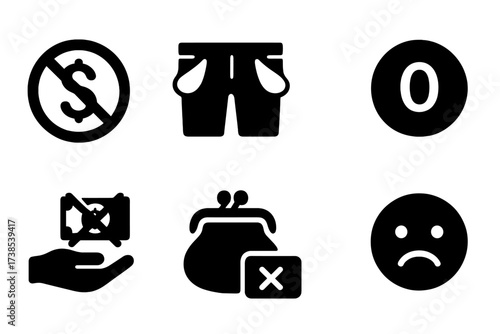 Empty Wallet Icons. Solid, filled icon set of empty pocket warnings: no money sign, empty jeans pockets, broken wallet, zero balance, no cash hand, empty