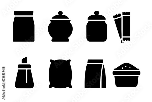 Sugar Packaging Icons. Solid, filled icon set of sugar packaging: sugar bag, sugar bowl, sugar jar, sugar packets, sugar dispenser, sugar sack, paper bag,